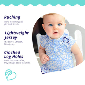 Ruched Romper - Angel's Trumpets on Blue
