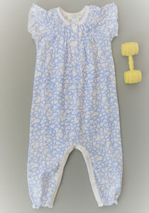 Ruched Romper - Angel's Trumpets on Blue