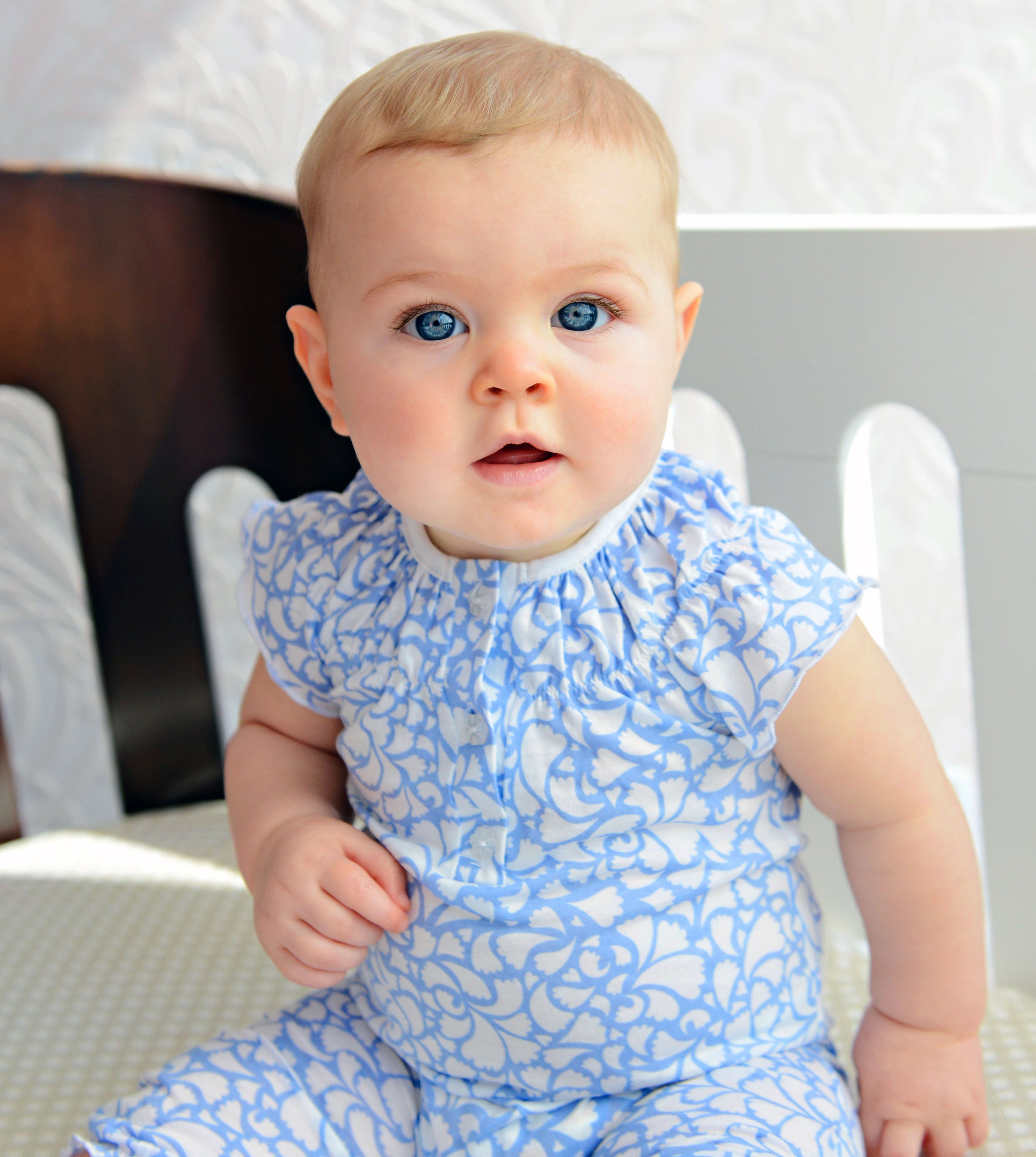 Ruched Romper - Angel's Trumpets on Blue