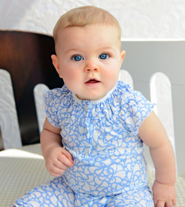 Ruched Romper - Angel's Trumpets on Blue
